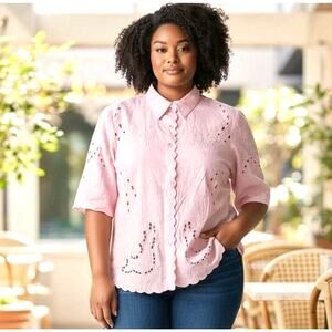 Susan Graver Shirt Blouse Womens Plus Size 2X Pink Linen Blend Scallop NEW NWT
